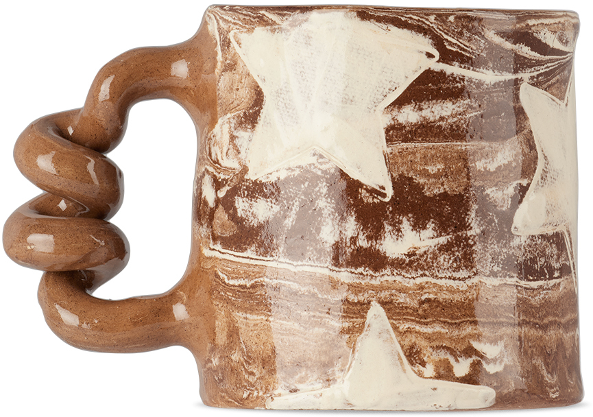 Harlie Brown Studio Brown & Off-white Marbled White Star Wiggle Mug In Mrbld Teracotta
