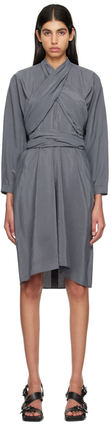 Lemaire Silk-blend Wrap-around Midi Dress In Grey