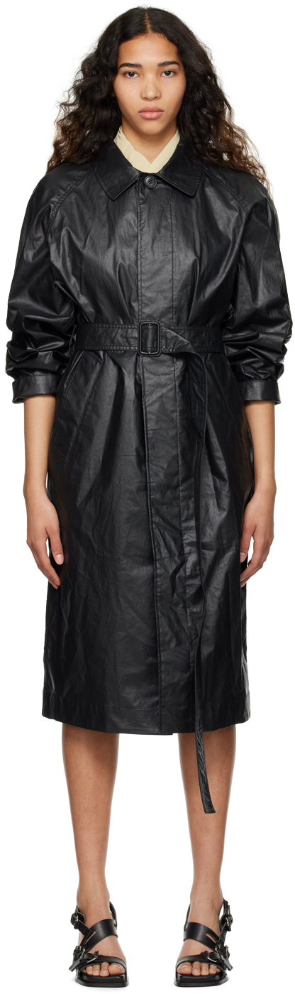 Lemaire Black Belted Coat In Bk998 Squid Ink
