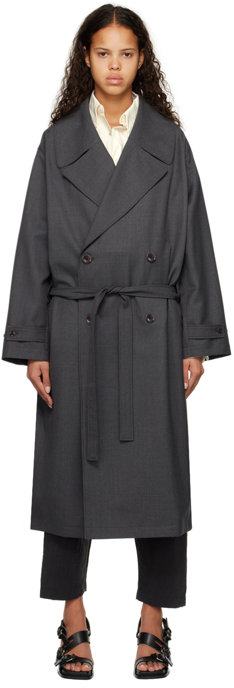 Lemaire Gray Double-breasted Trench Coat In Bk968 Dark Grey