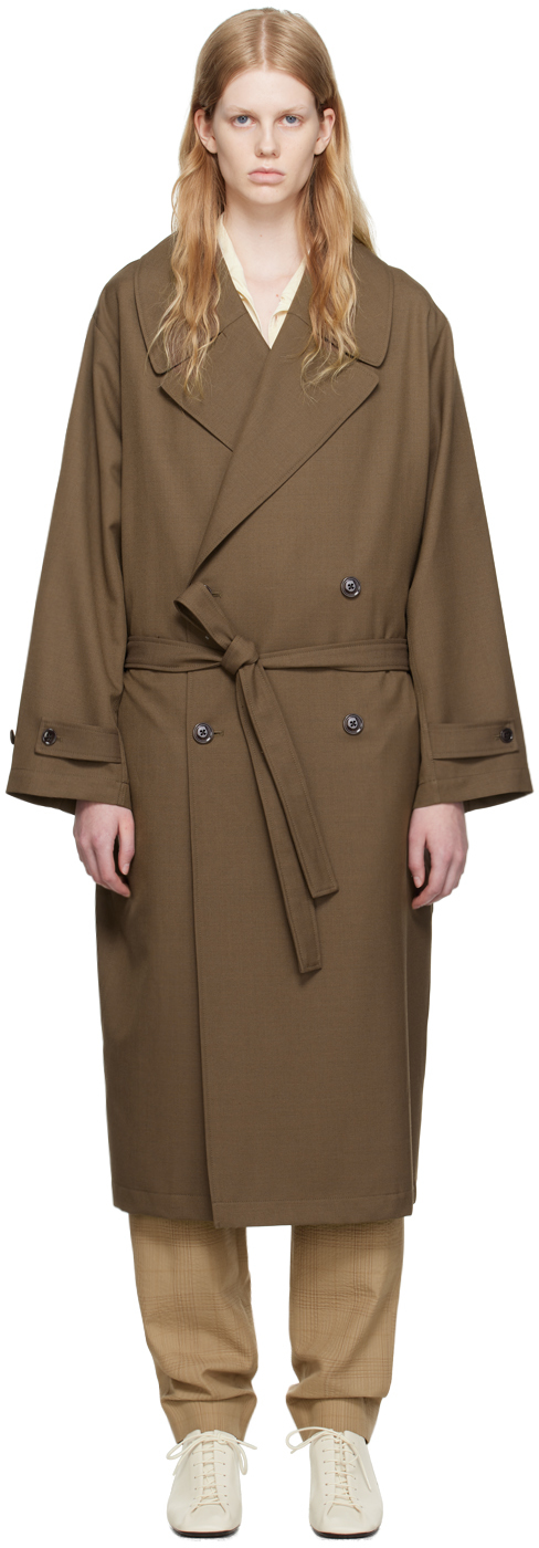 Lemaire Brown Double-breasted Trench Coat In Br480 Olive Brown