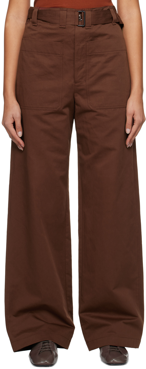 Shop Lemaire Burgundy Belted Pocket Trousers In Br401 Chocolate Fond