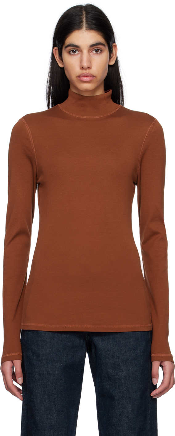 Lemaire Red Rib Long Sleeve T-shirt In Br400 Cherry Mahogan