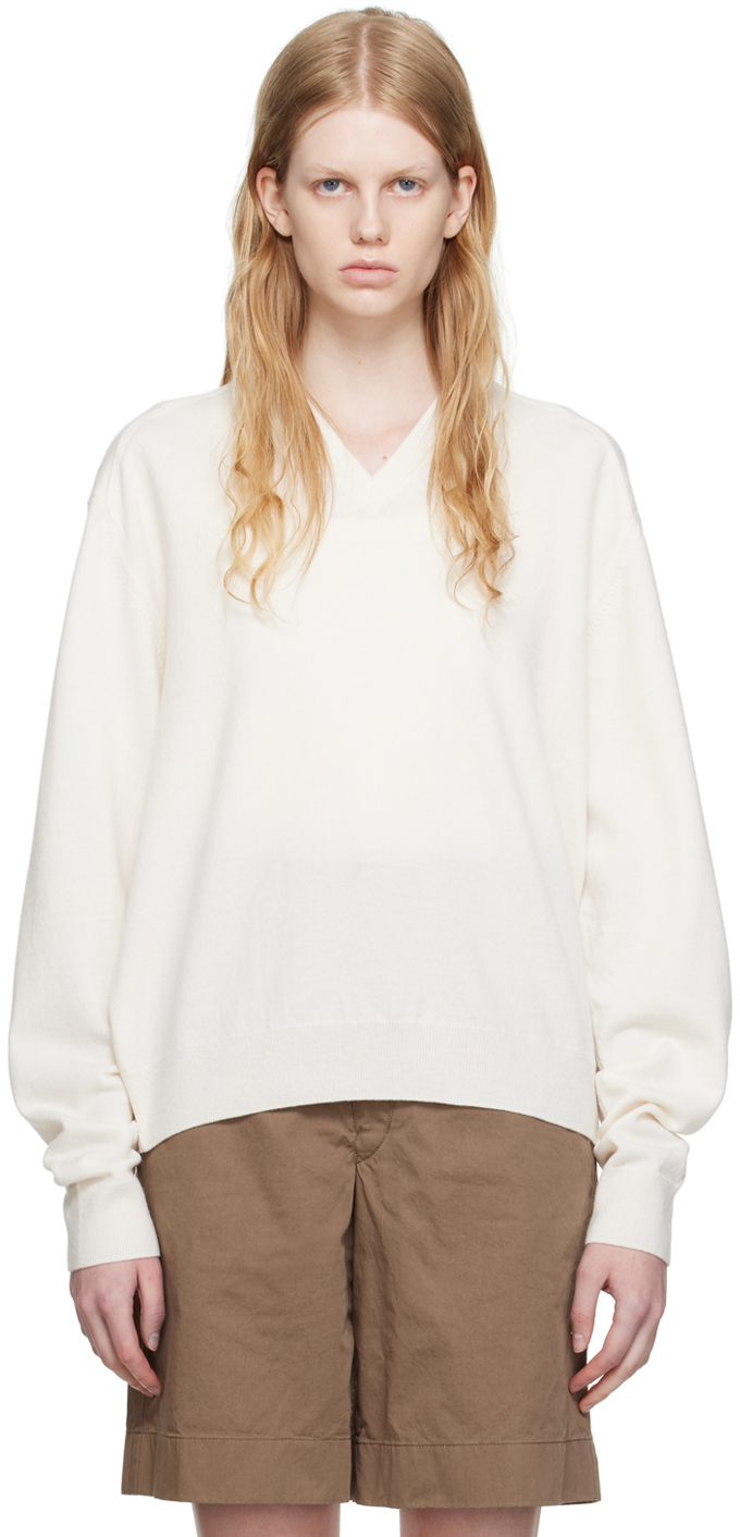 Lemaire Off-white V-neck Sweater In Wh001 Chalk