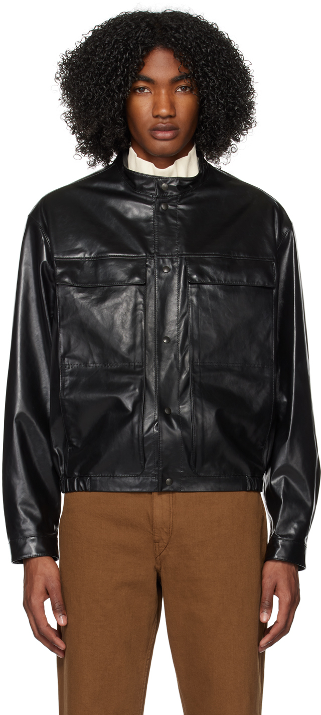 LEMAIRE: Black Band Collar Leather Jacket | SSENSE Canada