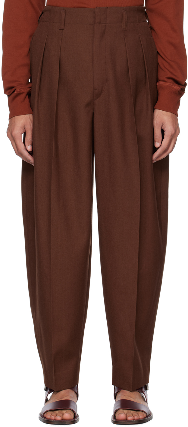 Brown Pleated Tapered Trousers
