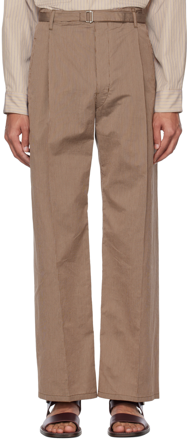 Lemaire Brown Striped Belted Easy Trousers In Mu013 Walnut / Cacao