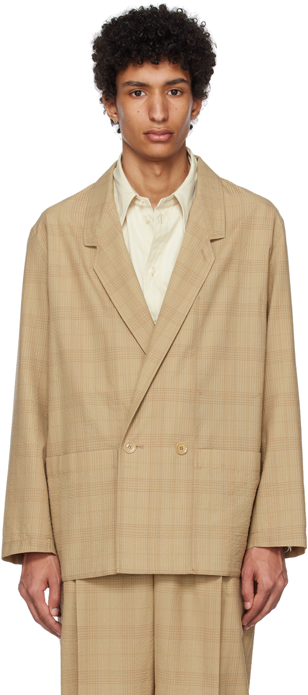 Lemaire Check-pattern Double-breasted Blazer In Brown