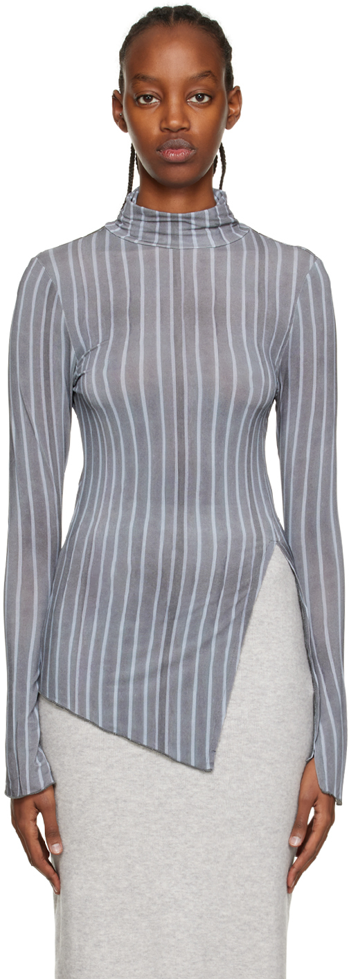 Paloma Wool Stylus Sheer Stripe Slit Top In Greyish Blue