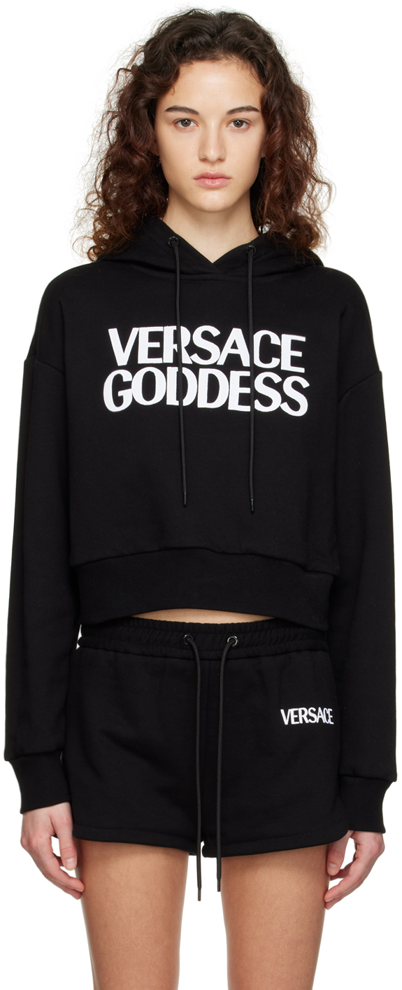 Versace Goddess Printed Drawstring Hoodie In Black