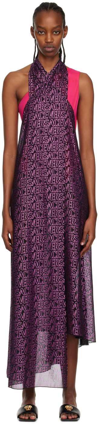 Versace Allover Halter Maxi Dress Coverup In Black Tropical Pi