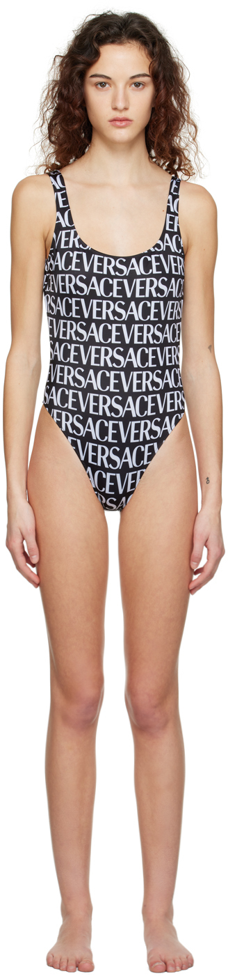 Shop Versace Black Low Back One-piece In 5b040 Black+white