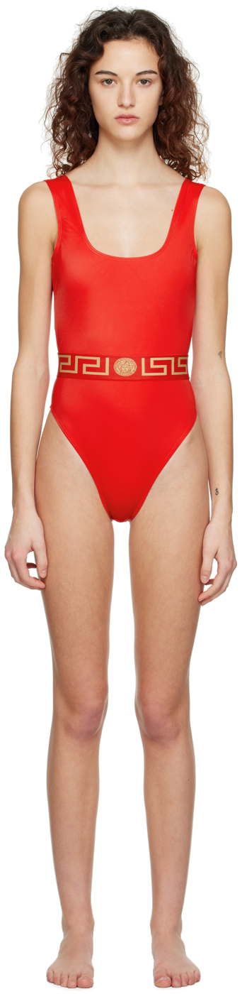 Shop Versace Red Greca One-piece In A1203 Red