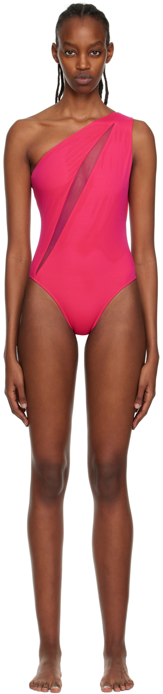 Shop Versace Pink Slashed One-piece Swimsuit In 1pm60-tropical Pink