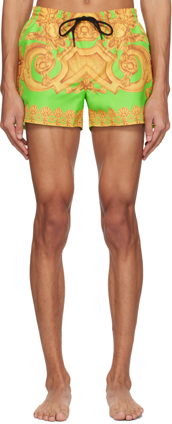 Shop Versace Green New Heritage Swim Shorts In 5y250 Lime+gold