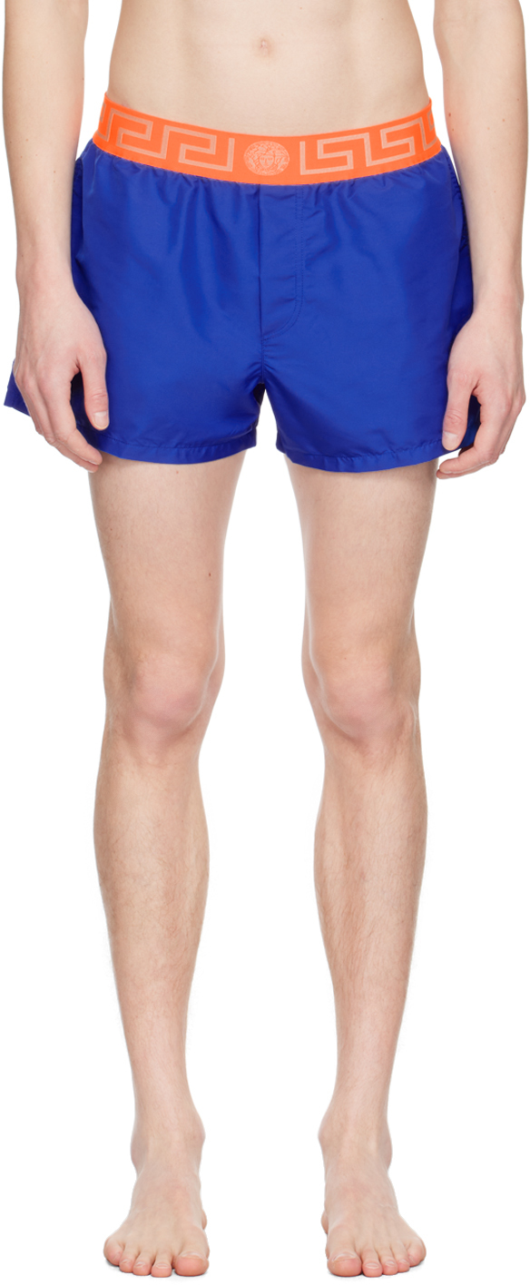 Versace Greca Logo Waistband Swim Shorts In Cobalt+arancio Fluo