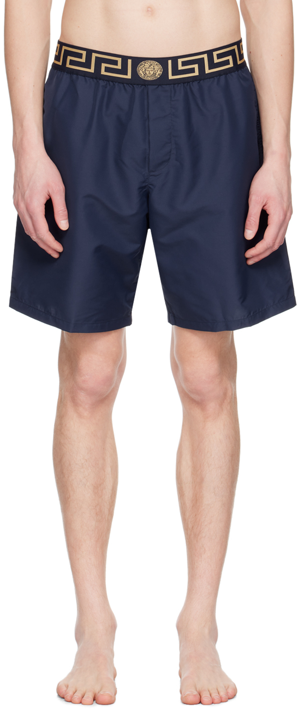 Shop Versace Navy Greca Border Swim Shorts In A70w Blue-gold