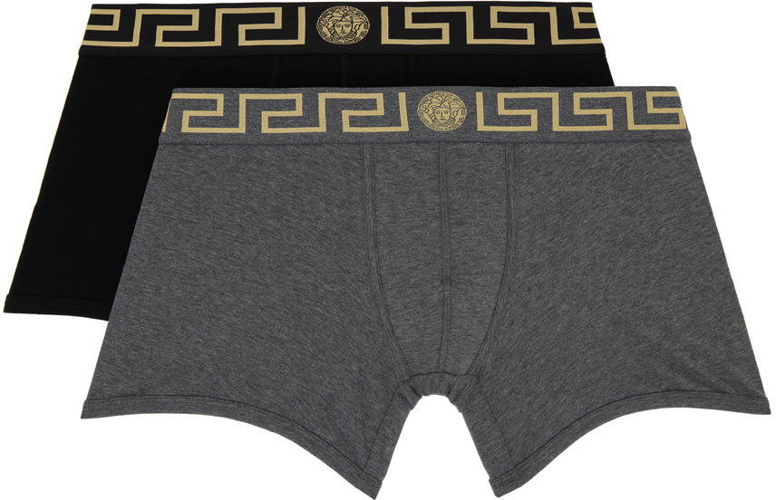 Versace Underwear: Two-Pack Gray & Black Greca Border Long Boxers | SSENSE