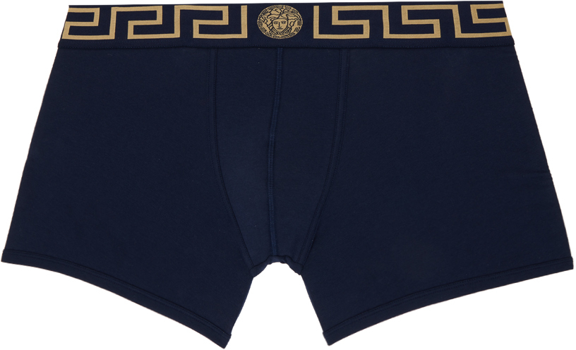 Versace Underwear Navy La Greca Border Long Boxers