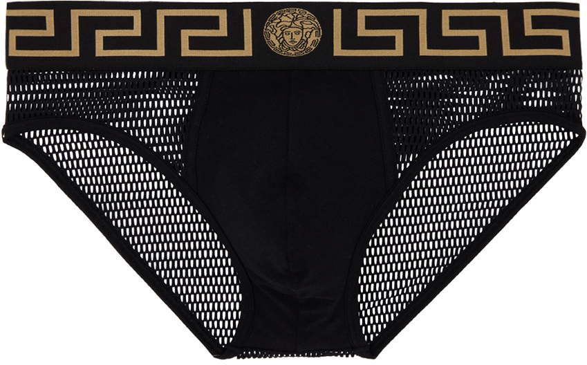 Versace Greca-waistband Mesh Trunks In Black