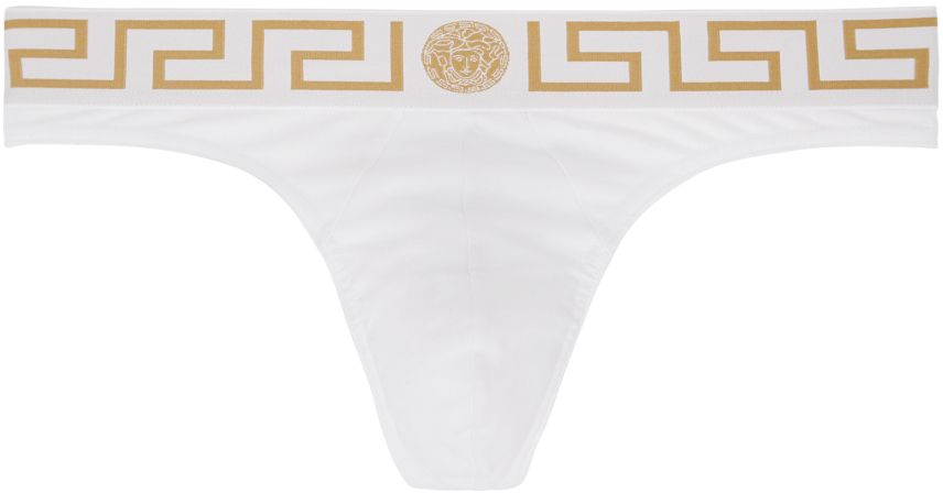 Versace Underwear: White Greca Border Thongs