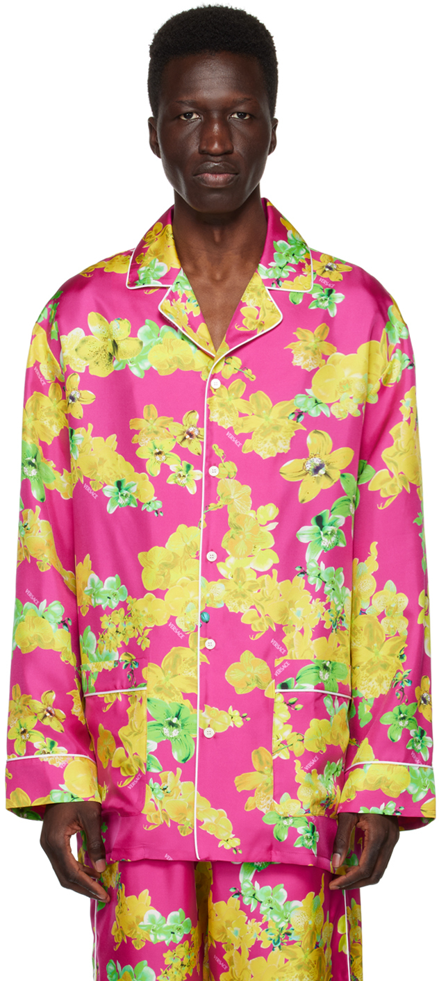 Shop Versace Pink Floral Pyjama Shirt In 5p010 Fuxia+multicol