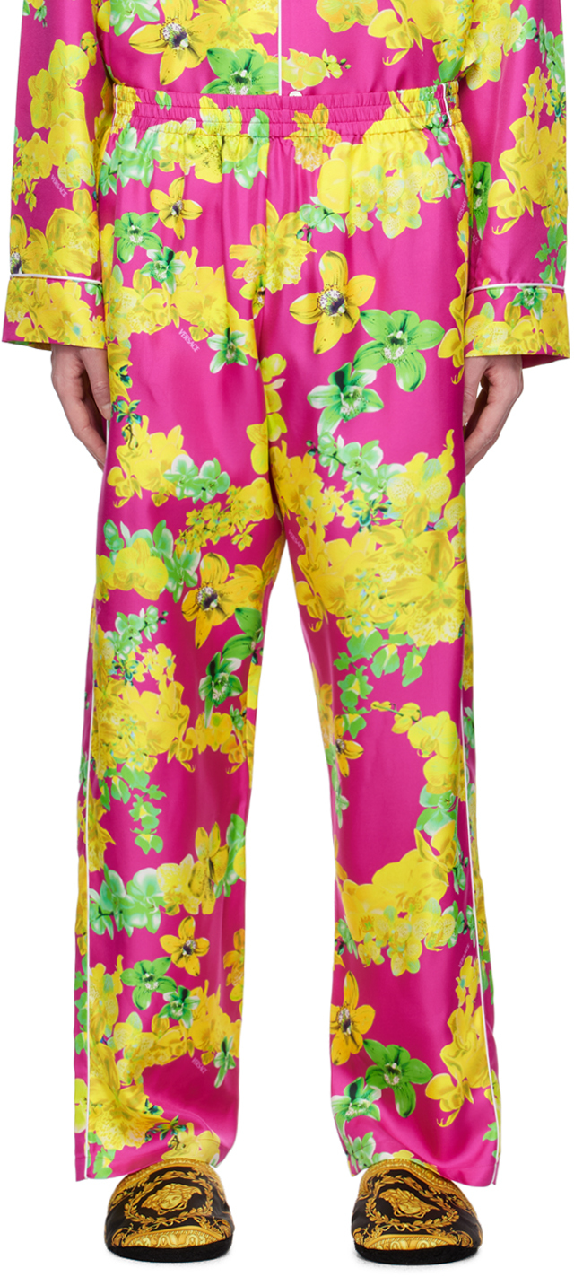 Shop Versace Pink Floral Pyjama Pants In 5p010 Fuxia+multicol