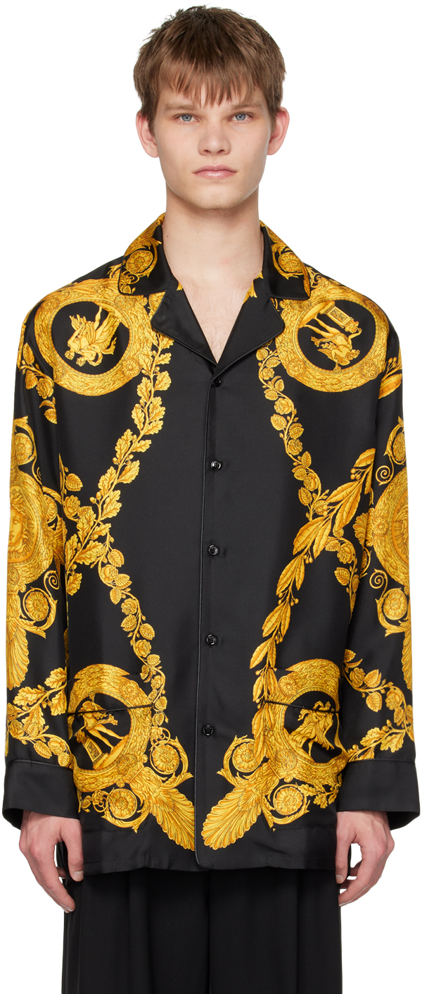 Versace Black Maschera Baroque Pyjama Shirt In 5b000 Black+gold