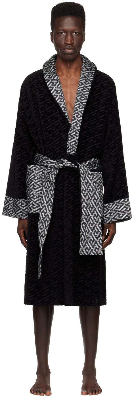 Versace Black 'la Greca' Robe In 2b050 Black-grey