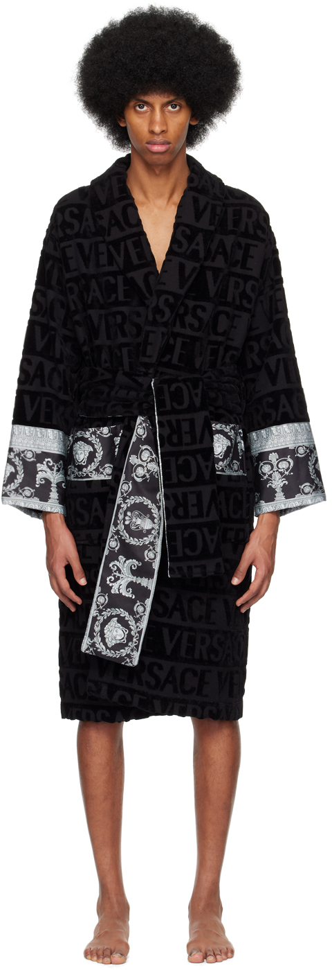 Versace Black Barocco-panelled Cotton Robe In Black+black