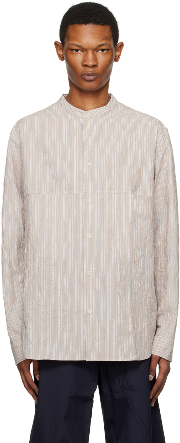 Sage Nation Tan Liam Shirt In Crinkle Pinstripe