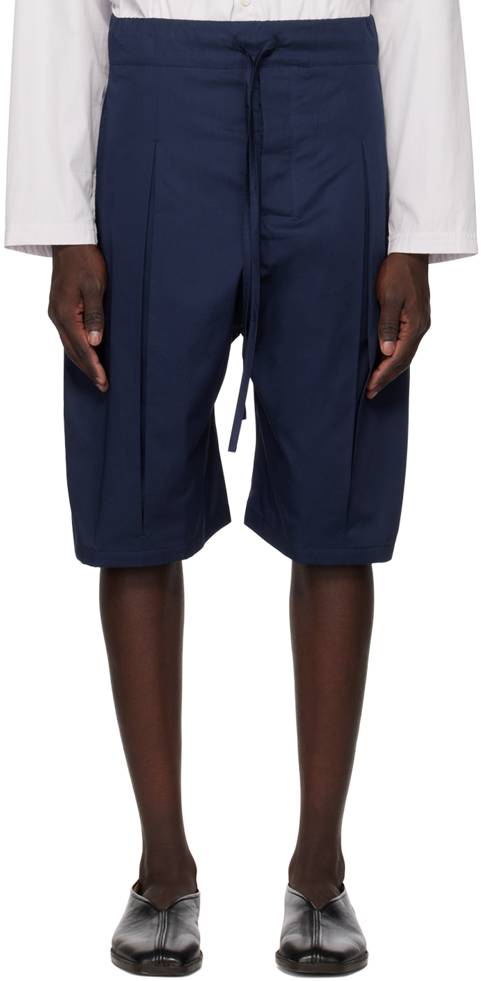 Sage Nation Navy Box Pleat Shorts In Blue | ModeSens