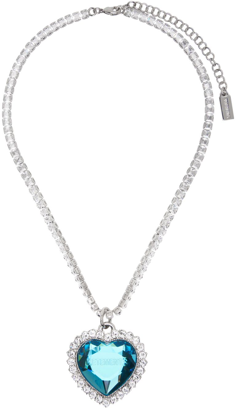 Vetements Silver & Blue Crystal Heart Necklace