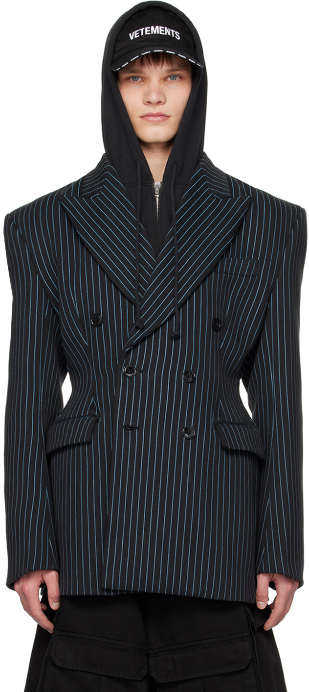 Vetements Molton Striped Double-breasted Blazer In Navy Blue