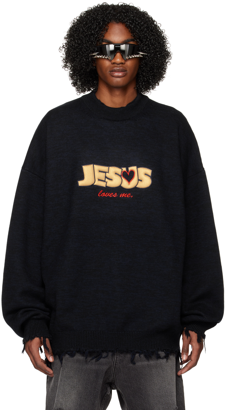 Vetements Jesus Loves You Oversized Pullover In Navy (blue)