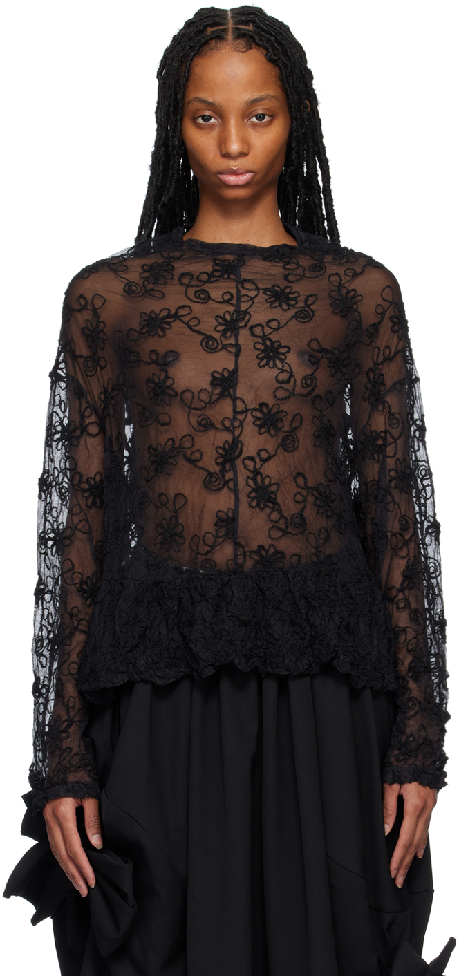 Comme Des Garçons Comme Des Garçons Sheer Floral-embroidered Blouse In Schwarz