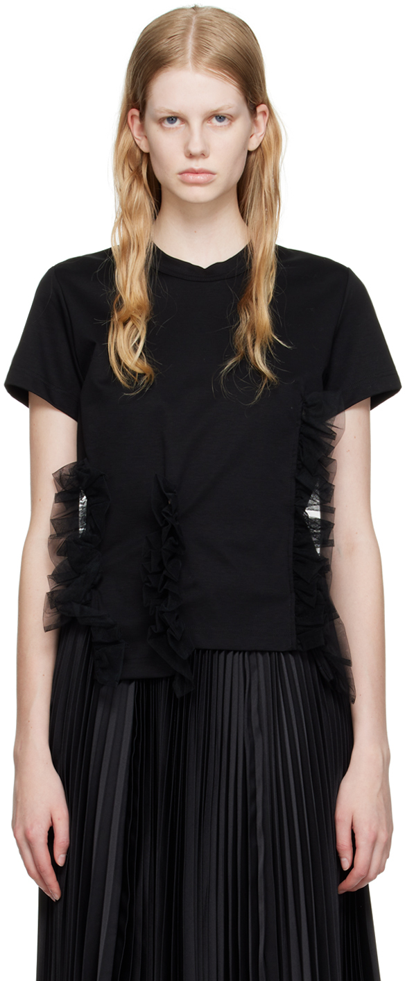 Noir Kei Ninomiya Tulle-overlay Cotton T-shirt In 1 Black