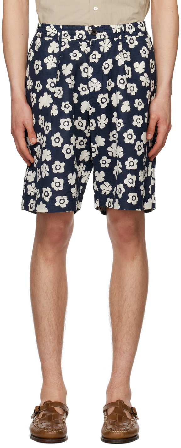 Universal Works Floral-print Pleated Shorts In Blue