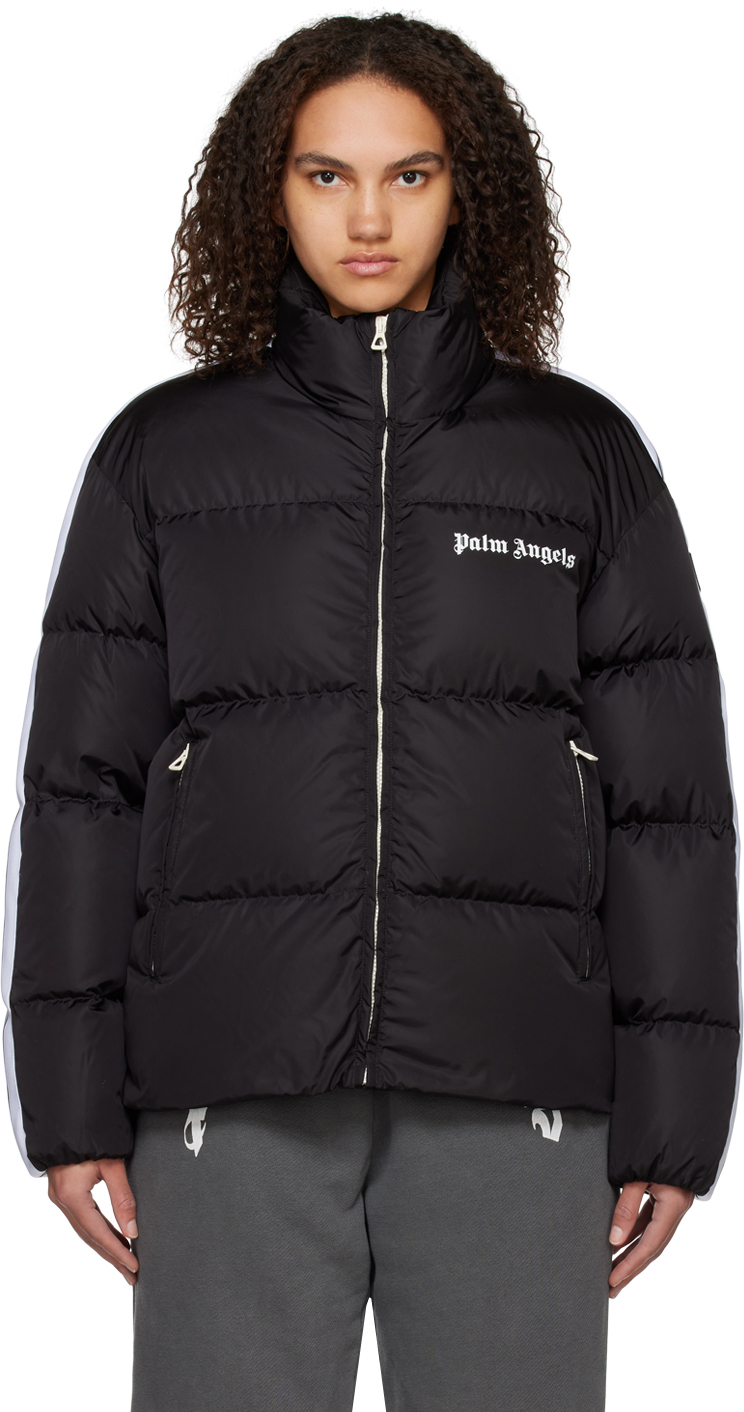 Palm Angels Striped Webbing-trimmed Padded Shell Down Jacket In Black/white