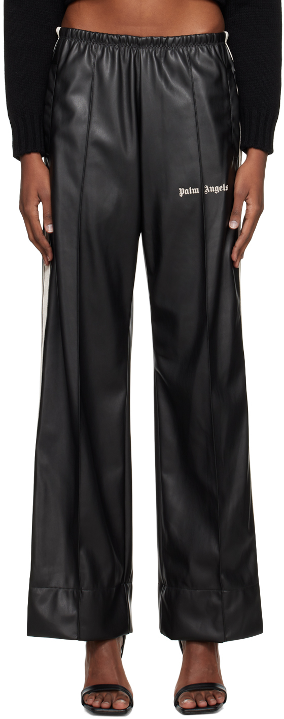 Palm Angels Black Loose Faux-leather Lounge Pants In Black/off White