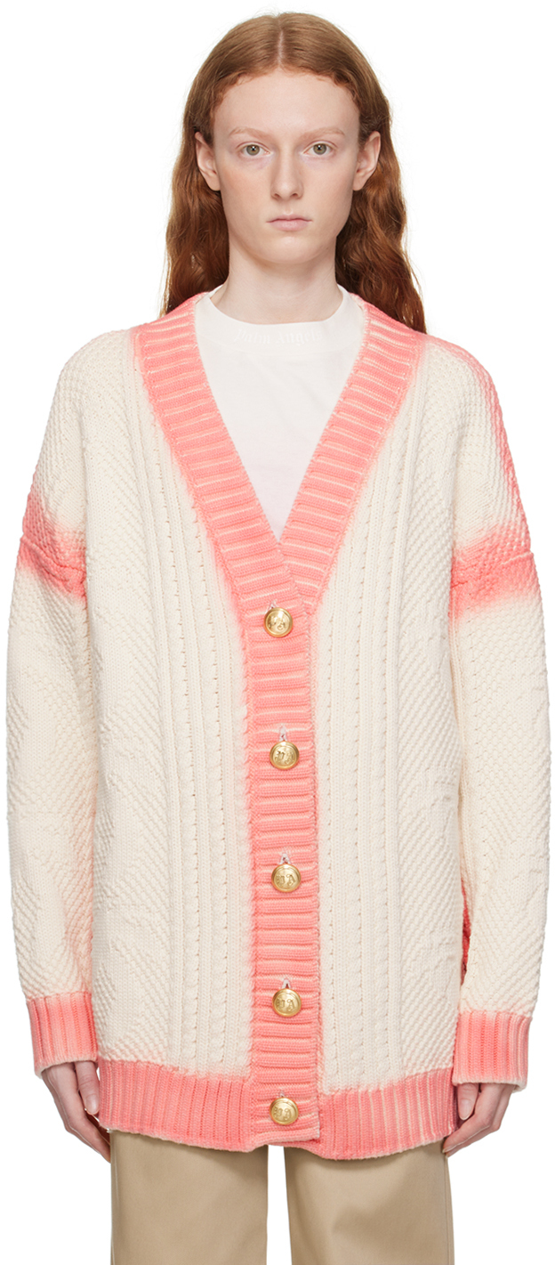 Palm Angels White And Pink Cardigan With Print In Off White