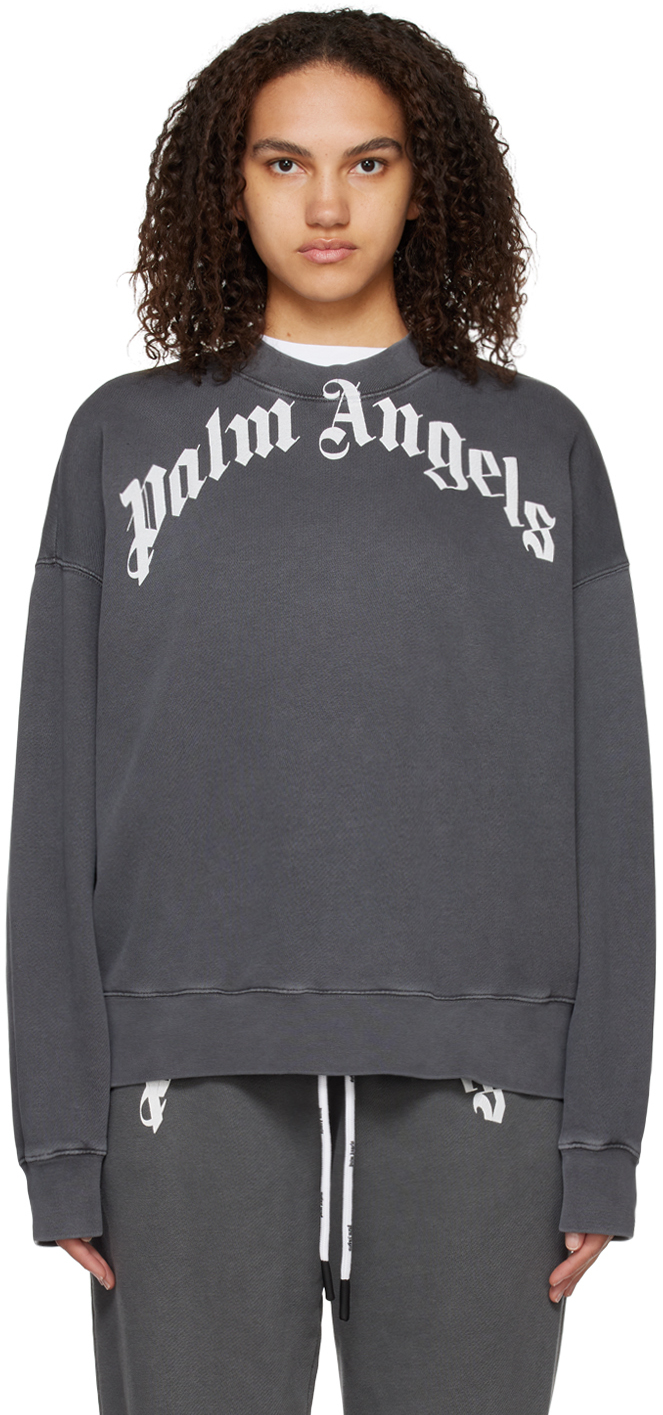 Palm Angels Gray Curved Sweatshirt In Black/white