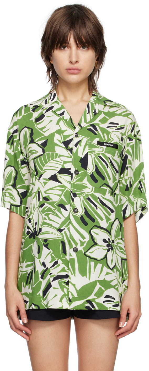 Palm Angels Hibiscus-print Short-sleeve Shirt In Green/white
