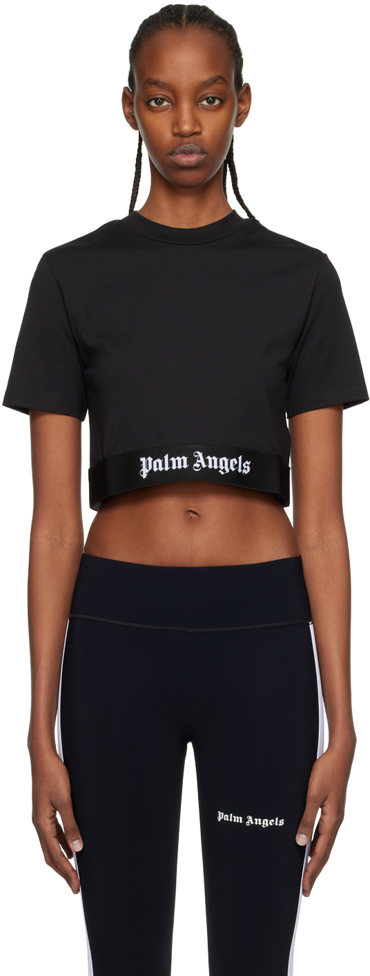 PALM ANGELS Cropped gathered cutout embroidered cotton-jersey T-shirt