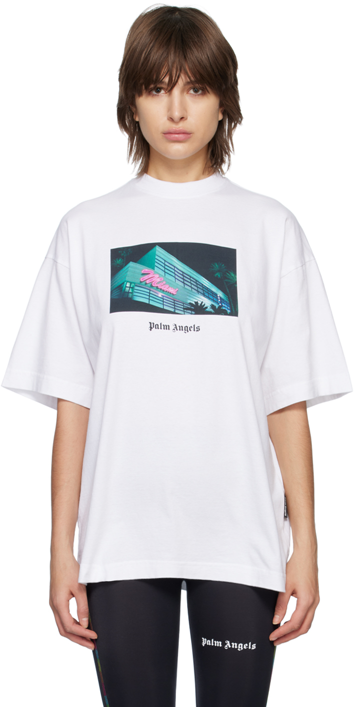 Palm Angels: White Getty Miami T-Shirt | SSENSE Canada