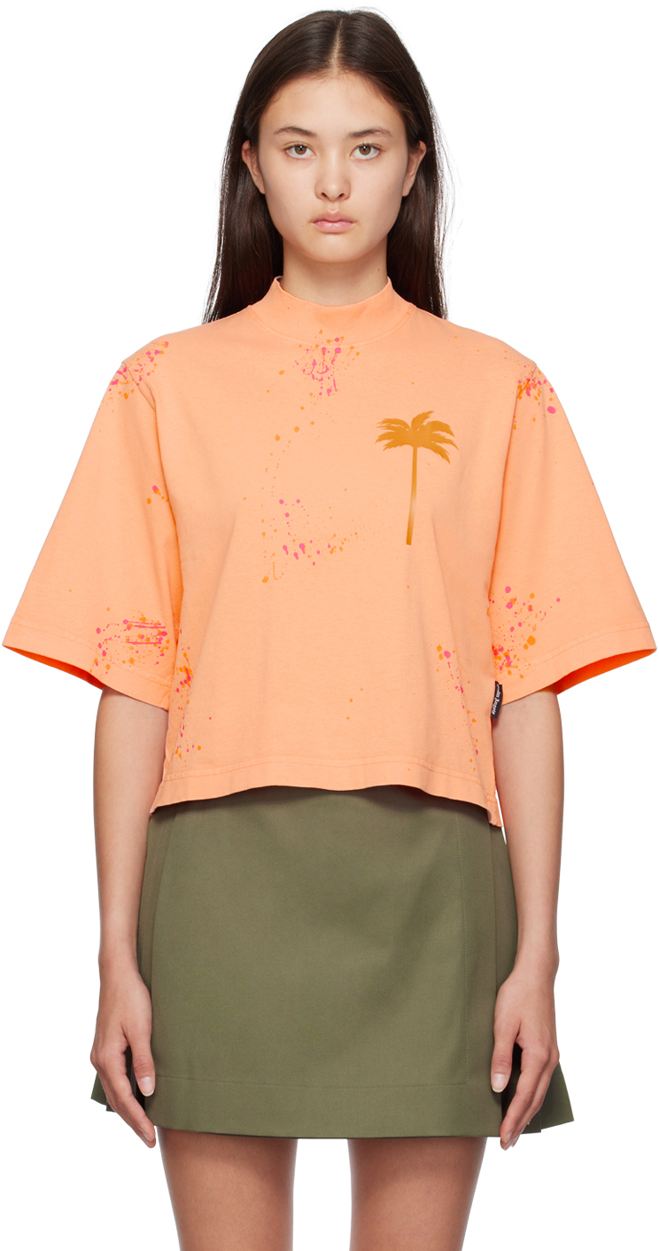 Palm Angels Orange Painted T-shirt In Coral/mock Orange