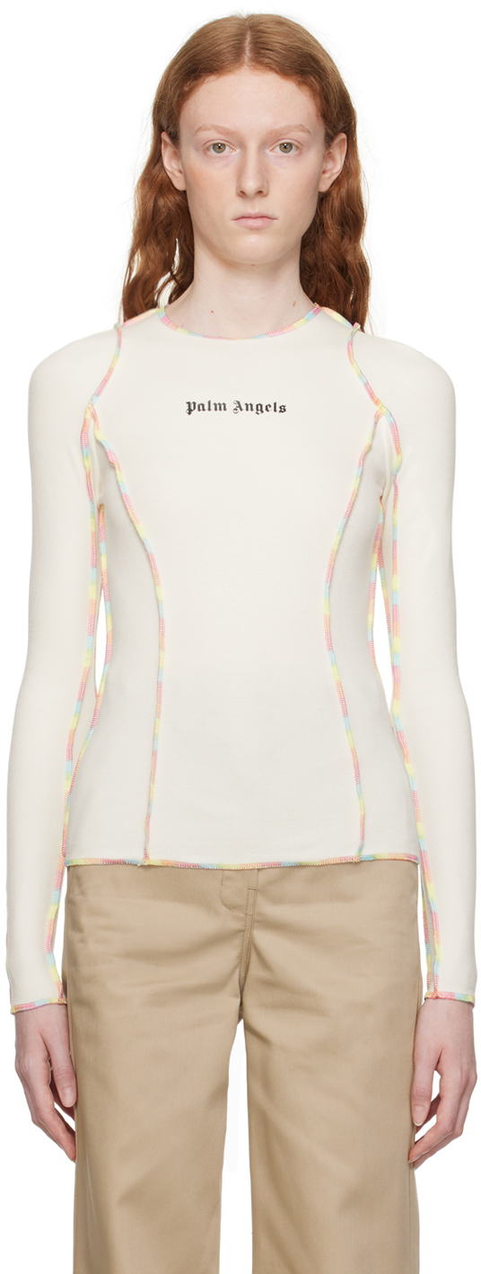 Palm Angels Off-white Rainbow Stitching Long Sleeve T-shirt In White/black