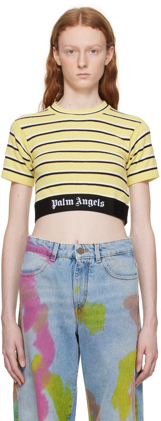 Palm Angels: Yellow & Black Stripe T-Shirt | SSENSE