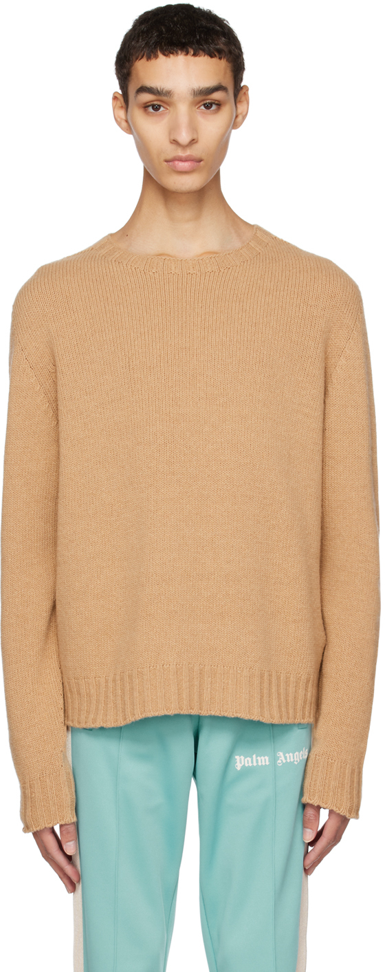 Shop Palm Angels Beige Curved Sweater In Beige White