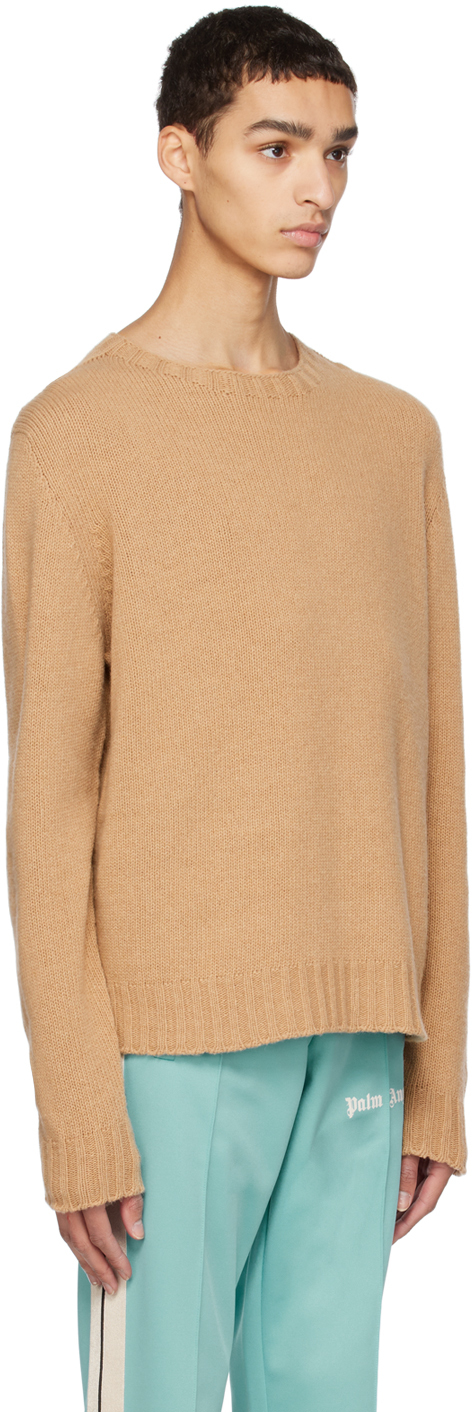 Palm Angels Curved Logo Wool Blend Knit Sweater In Beige White